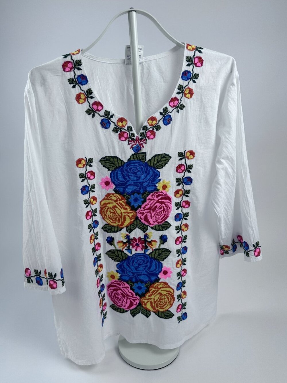 Shubham Embroidered Floral Boho Blouse White M Cotton Tunic India